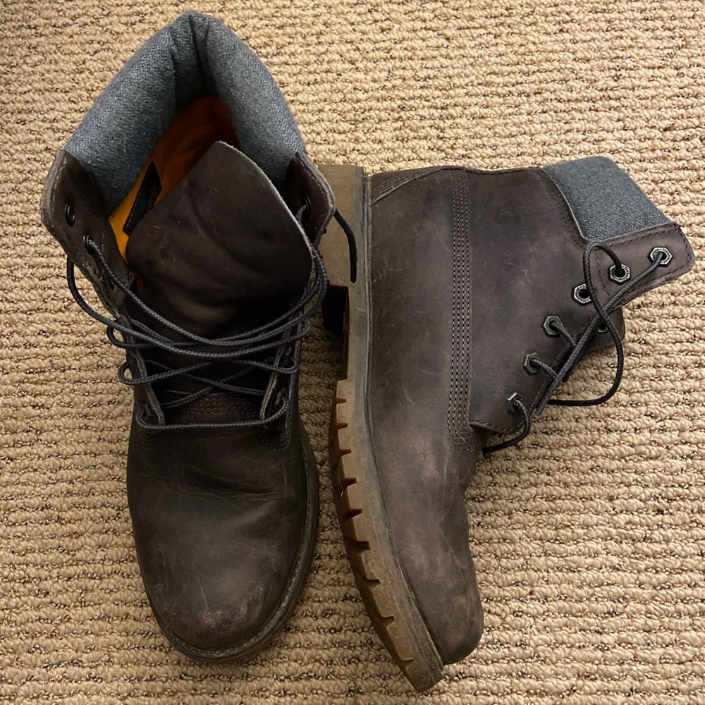 Brown and grey 6” Timberlands